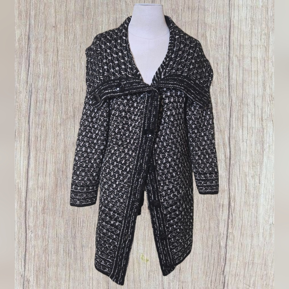 Chico’s Black White Wool Blend Sweater Coatigan Shawl Collar Cardigan Size L/XL